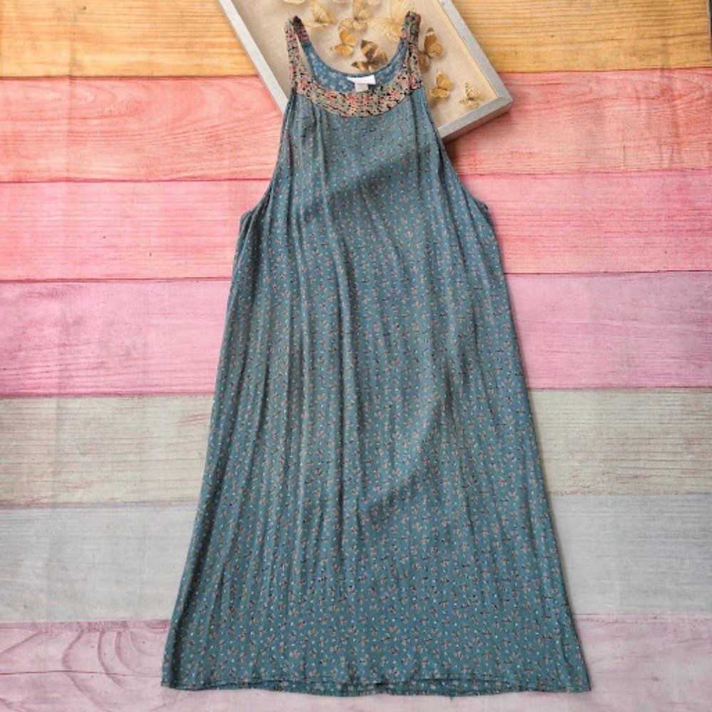 Vintage 90s Teal Floral Sleeveless‎ Grunge Babydoll Midi Shift Dress S/M